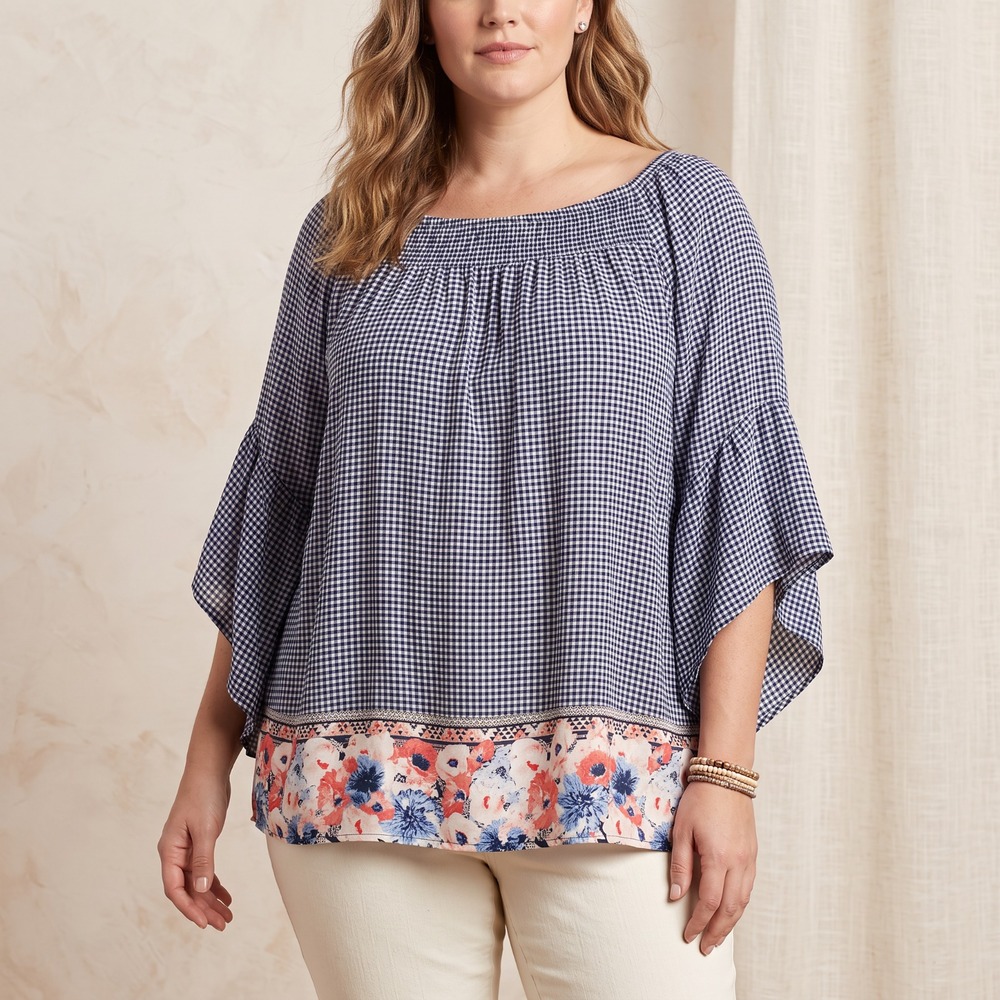 Terra Sky Smocked Gingham Blouse Bell Sleeve Top Cottage Prairie Boho Peasant 1X